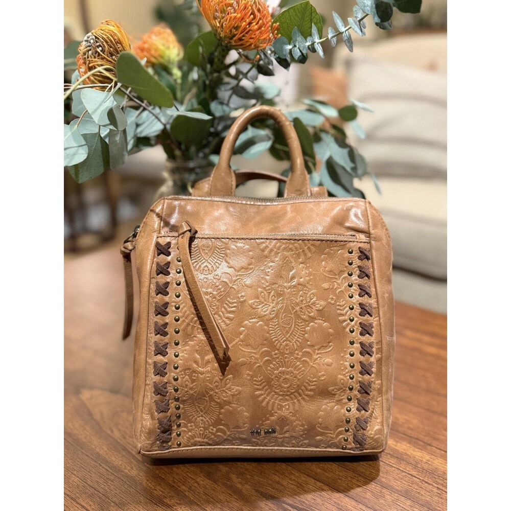 The SAK Loyola Convertible Bag Embossed Leather Floral Boho Camel Cognac